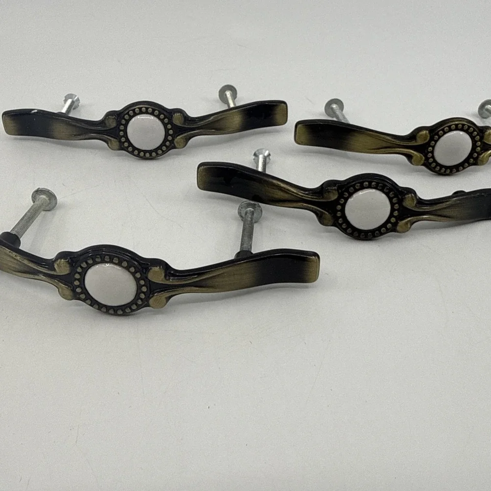 Vintage Brass Tone Drawer Pulls Ceramic Centers 5